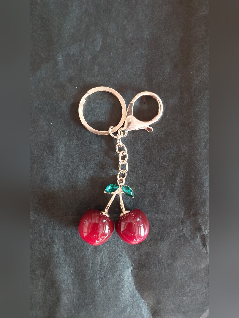 NWT Cherry Keychain/Bag Charm, Red Enamel Ombre Cherries & Green Crystal Leaves